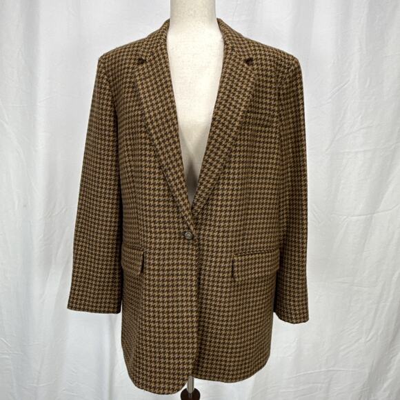 Ralph Lauren Womens Vintage Brown Houndstooth Wool One Button Blazer Size 16W - Picture 2 of 8